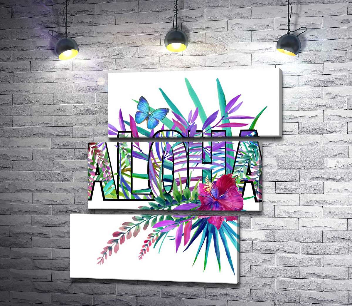 модульная картина Голубые оттенки тропических листьев в надписи "aloha" (Модуль №17)