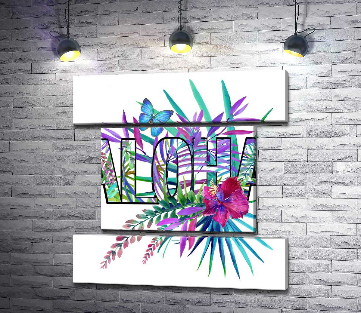 модульная картина Голубые оттенки тропических листьев в надписи "aloha" (Модуль №18)