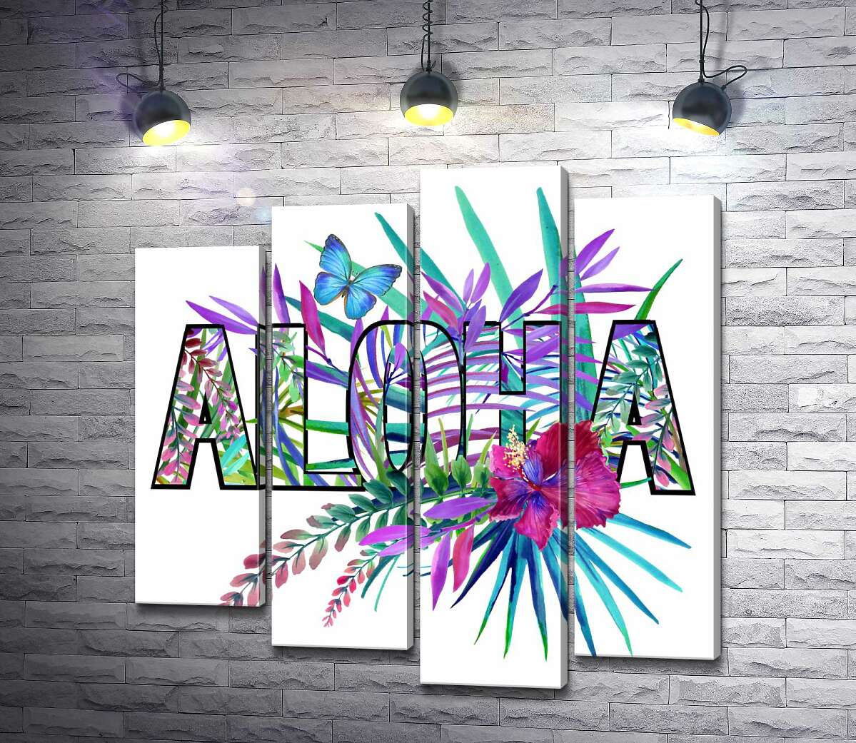 модульная картина Голубые оттенки тропических листьев в надписи "aloha" (Модуль №3)