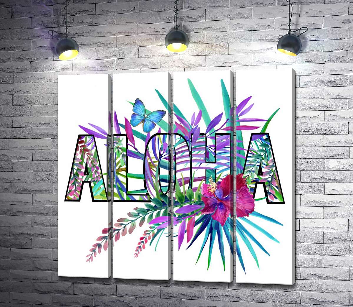 модульна картина Блакитні відтінки тропічного листя в написі " aloha" (Модуль №24)