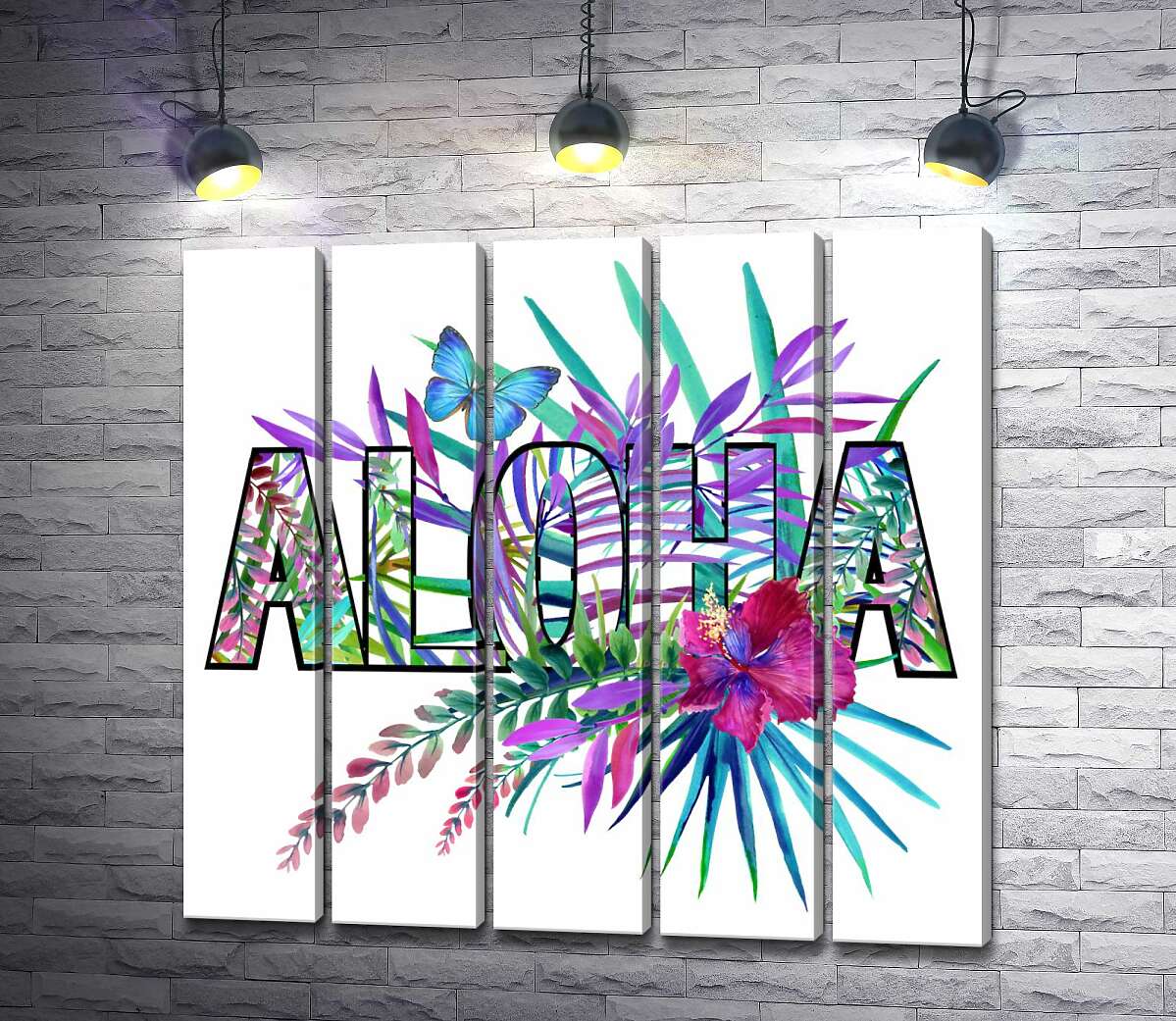 модульна картина Блакитні відтінки тропічного листя в написі " aloha" (Модуль №26)
