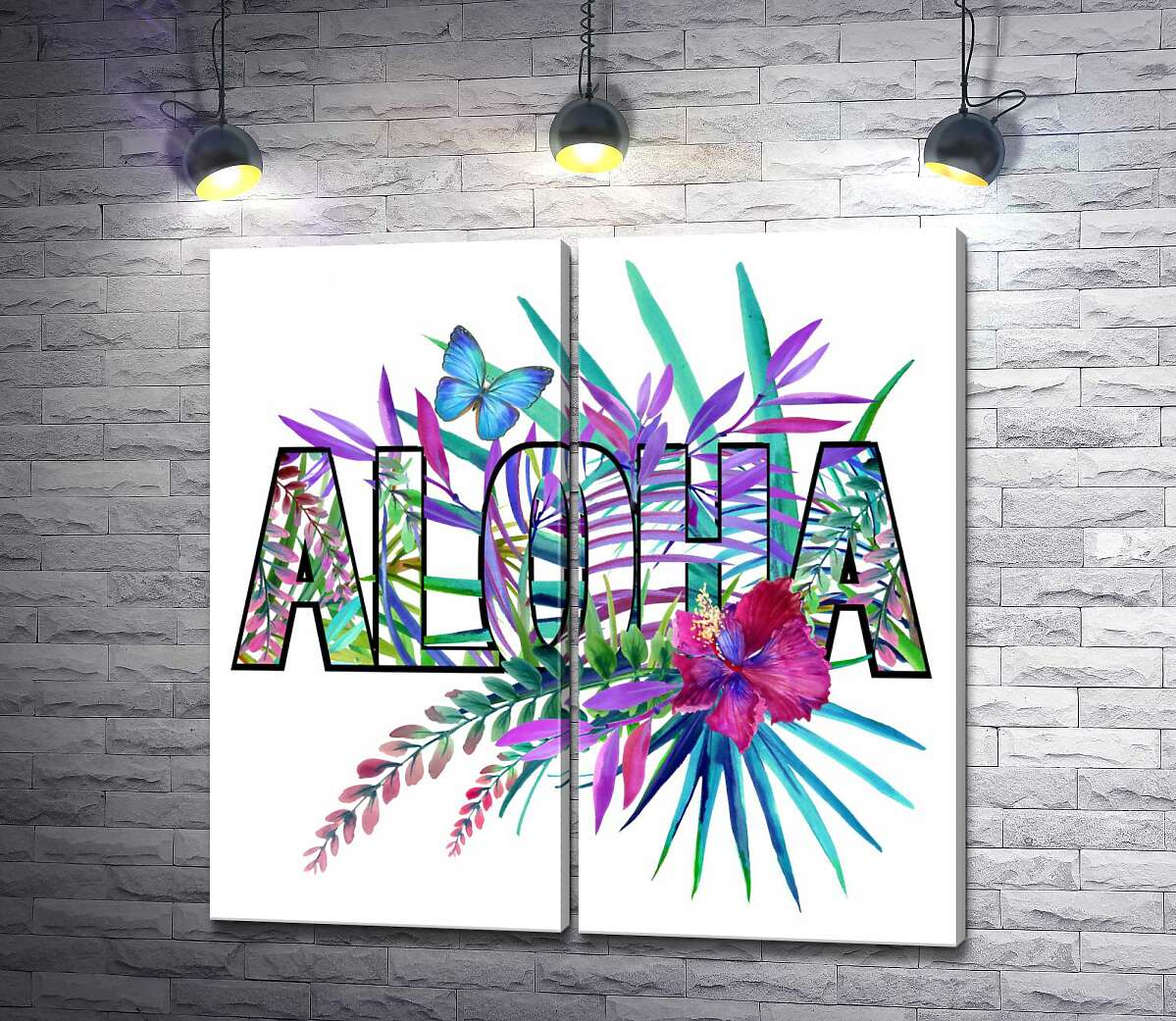 модульная картина Голубые оттенки тропических листьев в надписи "aloha"