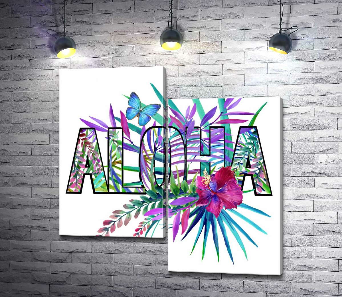 модульна картина Блакитні відтінки тропічного листя в написі " aloha" (Модуль №9)