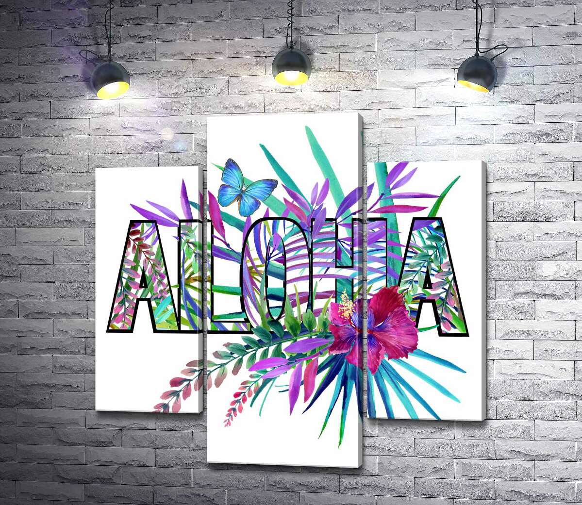 модульна картина Блакитні відтінки тропічного листя в написі " aloha" (Модуль №10)