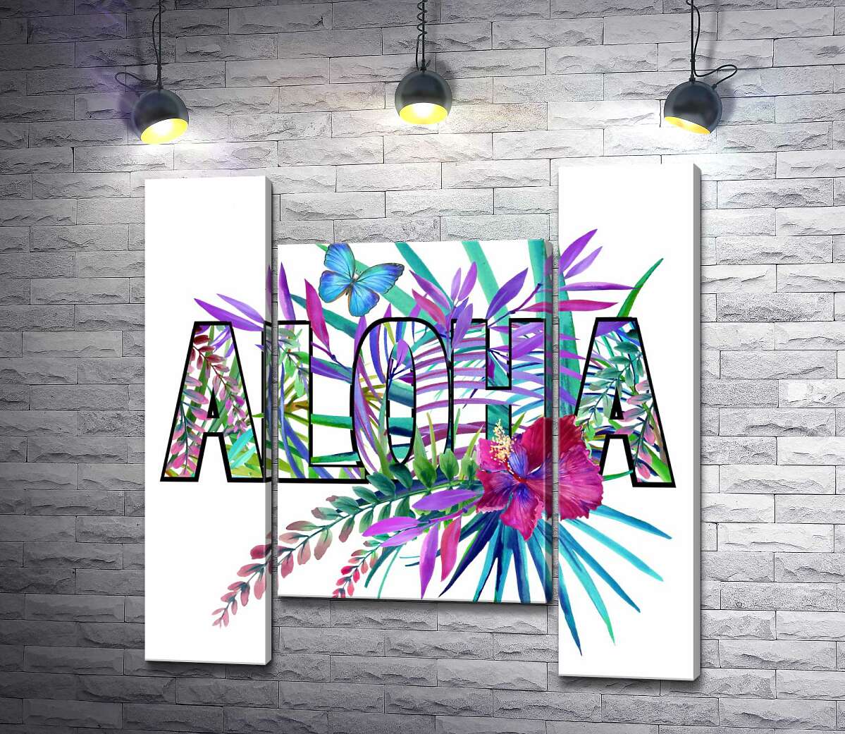 модульная картина Голубые оттенки тропических листьев в надписи "aloha" (Модуль №11)