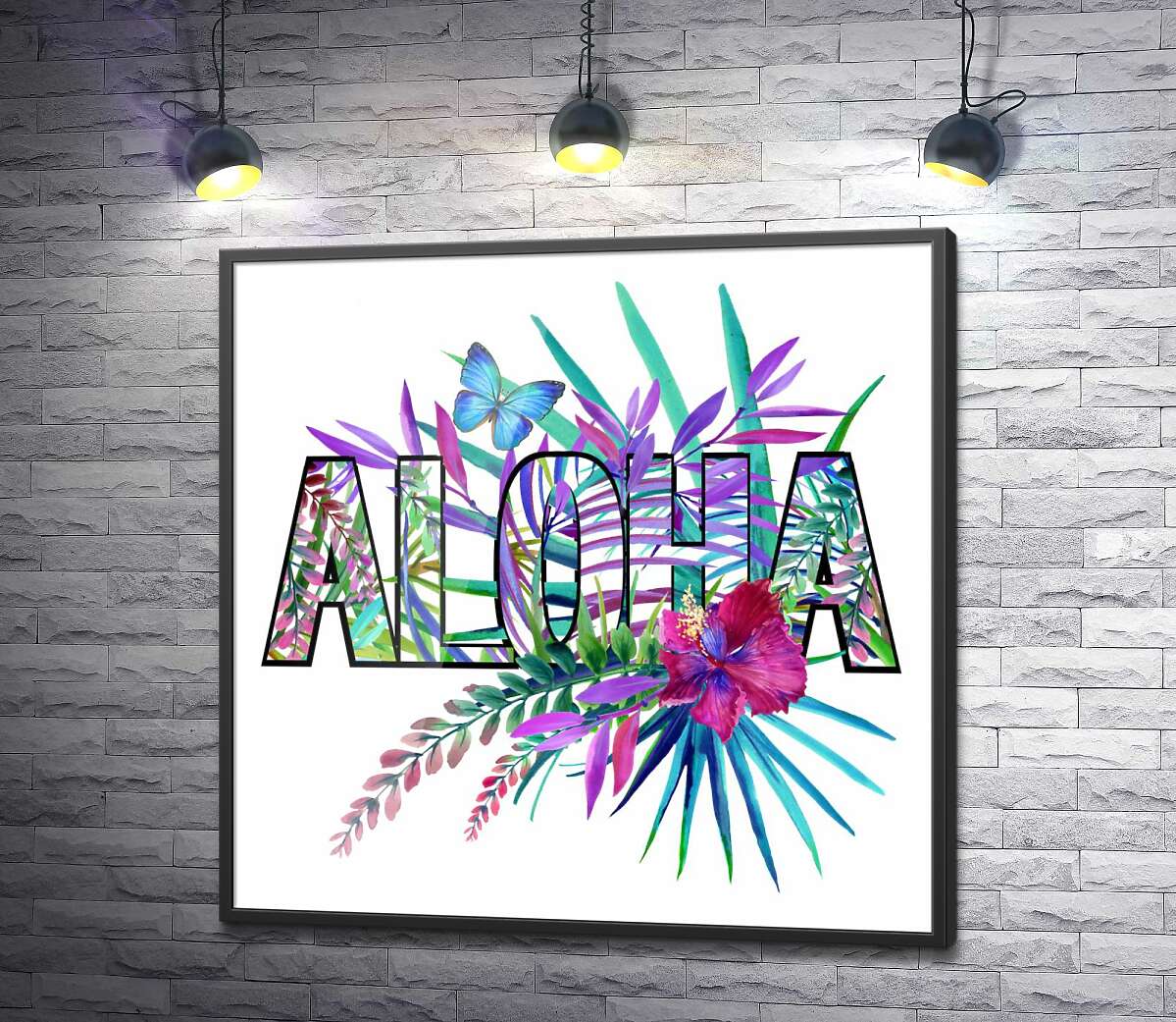 постер Голубые оттенки тропических листьев в надписи "aloha"