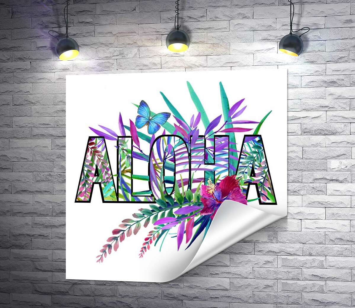 печать Голубые оттенки тропических листьев в надписи "aloha"