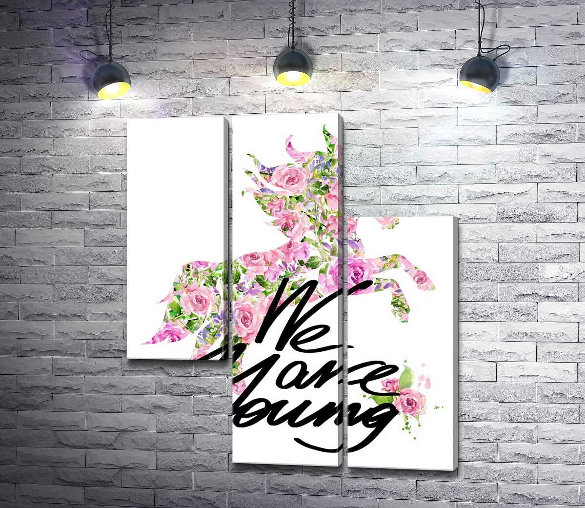 модульна картина Квітковий силует єдинорога за написом "we are young" (Модуль №13)