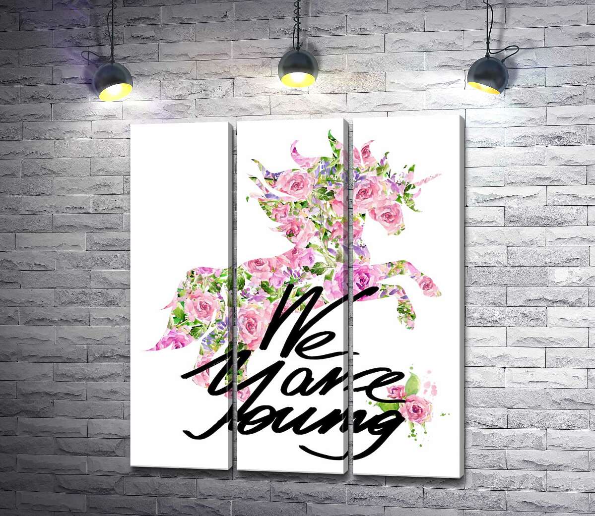 модульна картина Квітковий силует єдинорога за написом "we are young"