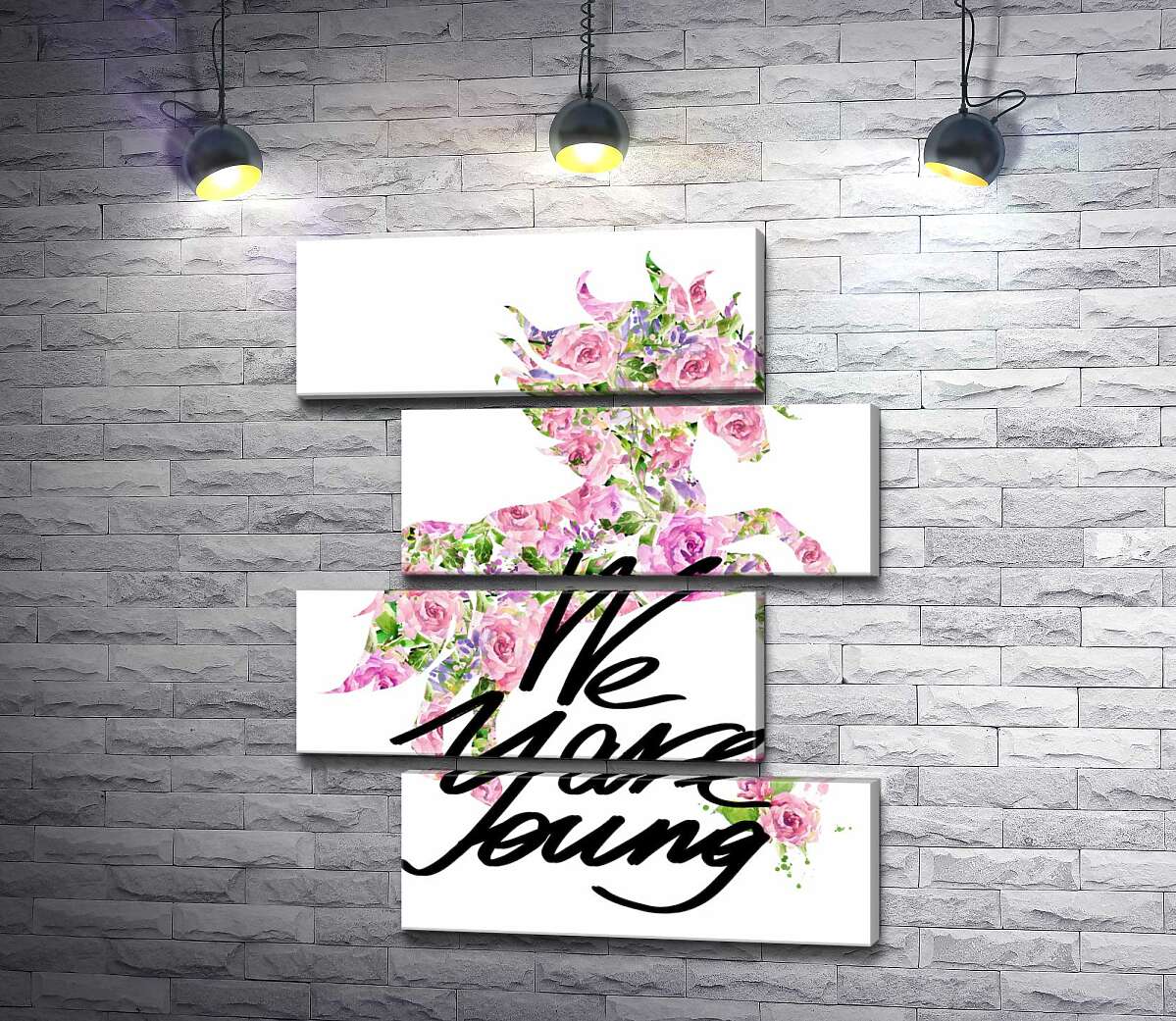 модульная картина Цветочный силуэт единорога за надписью "we are young" (Модуль №23)