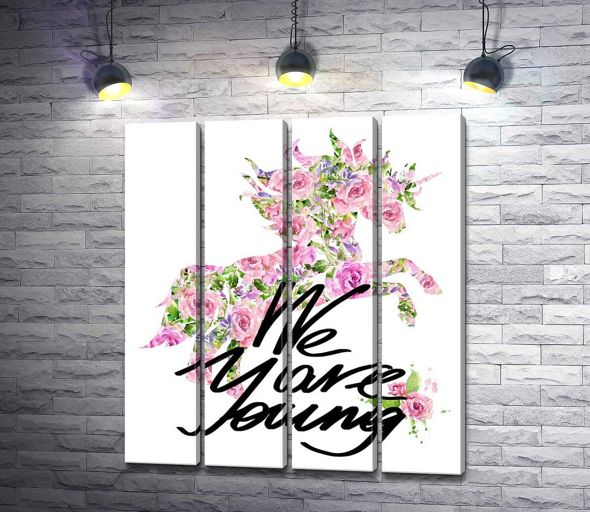 модульна картина Квітковий силует єдинорога за написом "we are young" (Модуль №24)