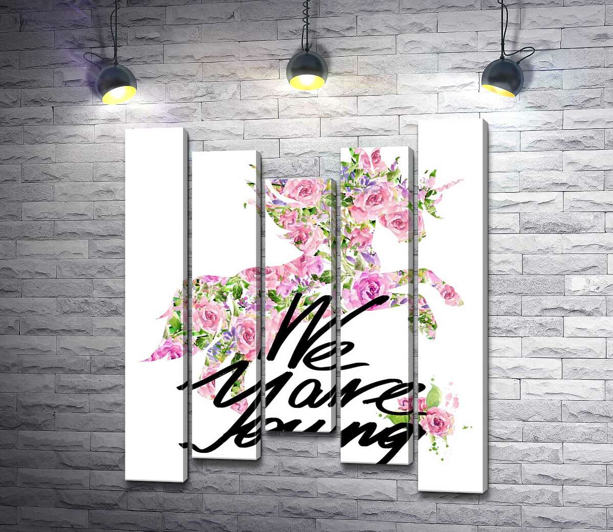 модульна картина Квітковий силует єдинорога за написом "we are young" (Модуль №27)