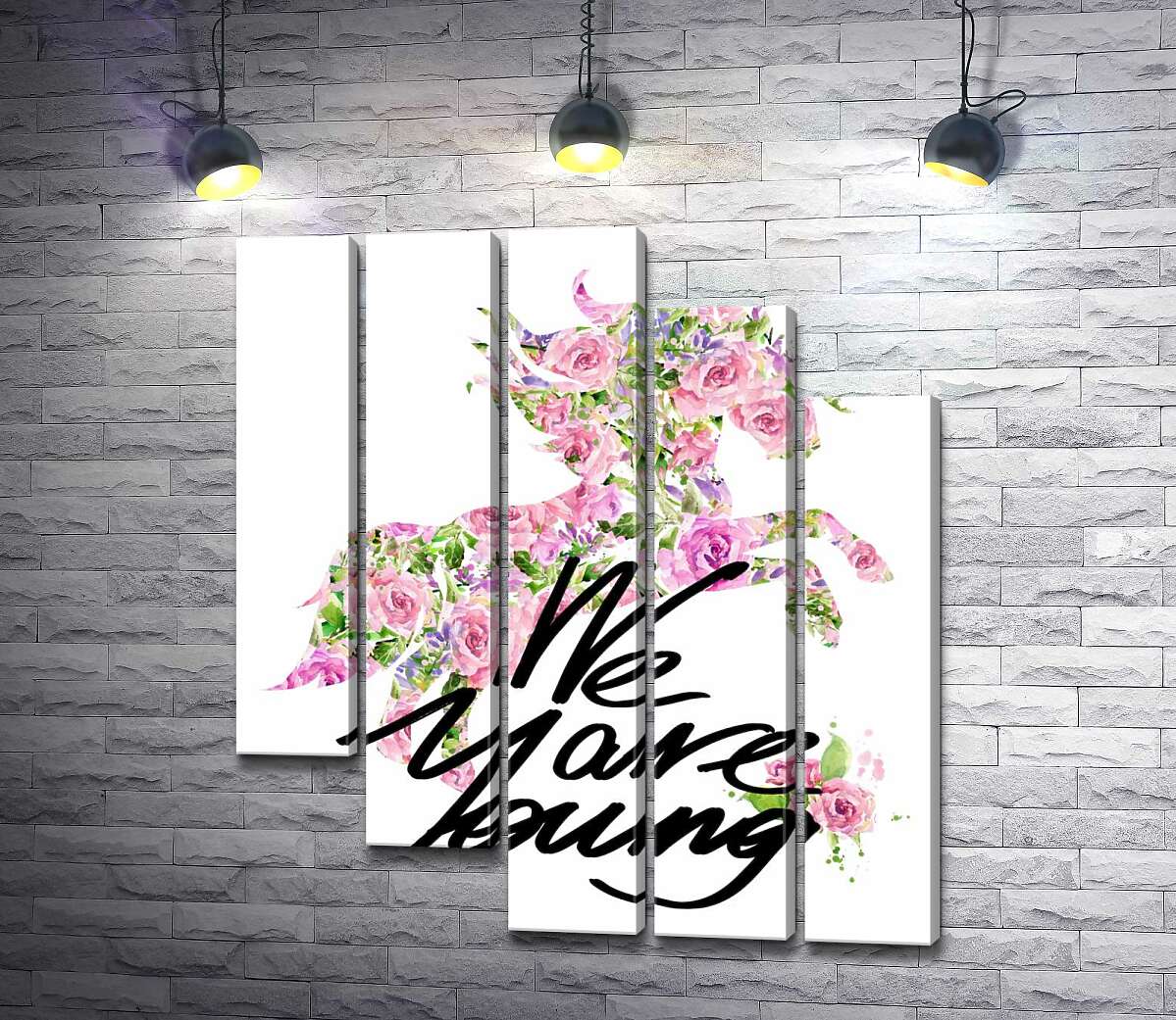 модульна картина Квітковий силует єдинорога за написом "we are young" (Модуль №28)