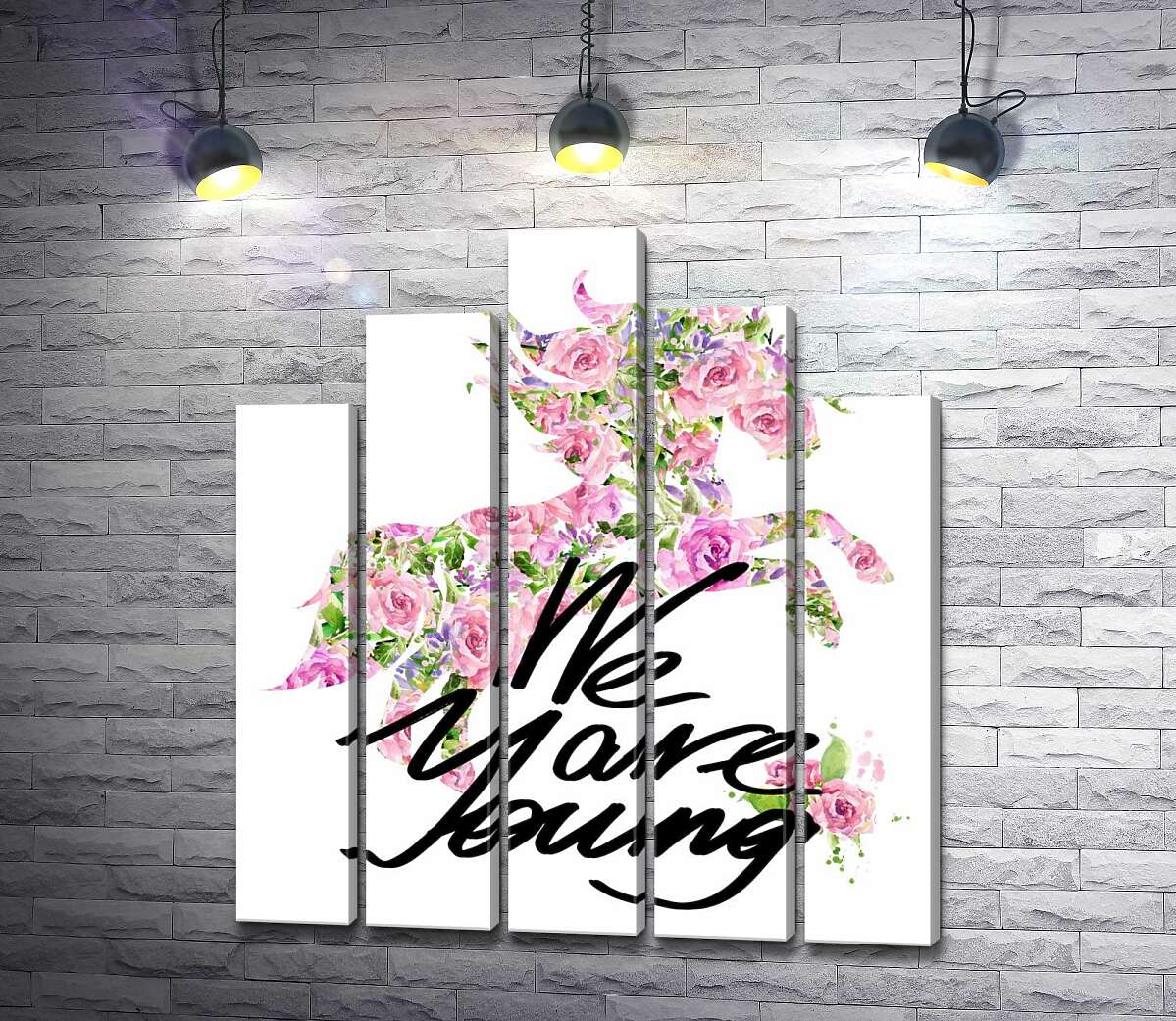модульна картина Квітковий силует єдинорога за написом "we are young" (Модуль №29)
