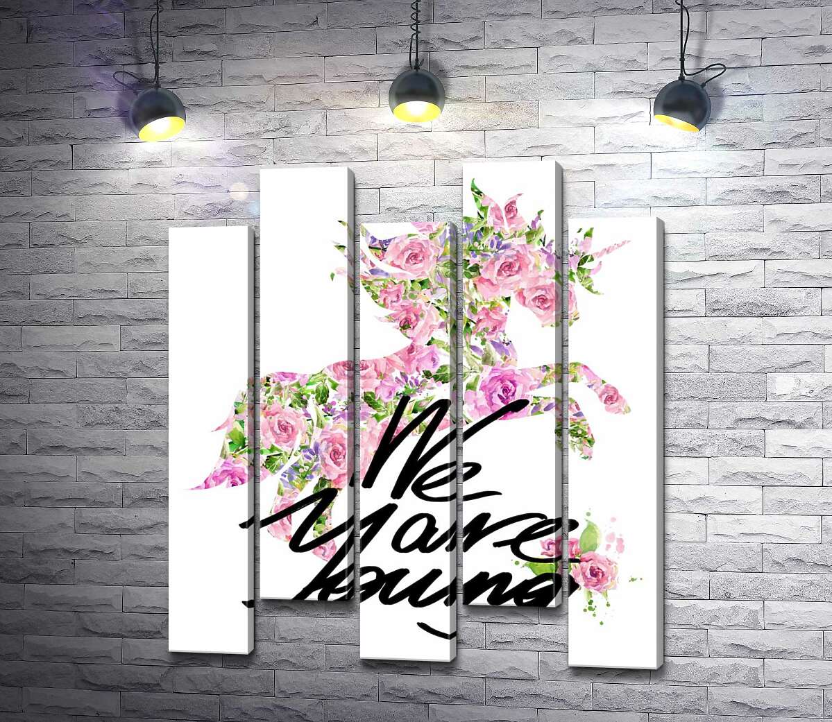 модульна картина Квітковий силует єдинорога за написом "we are young" (Модуль №30)