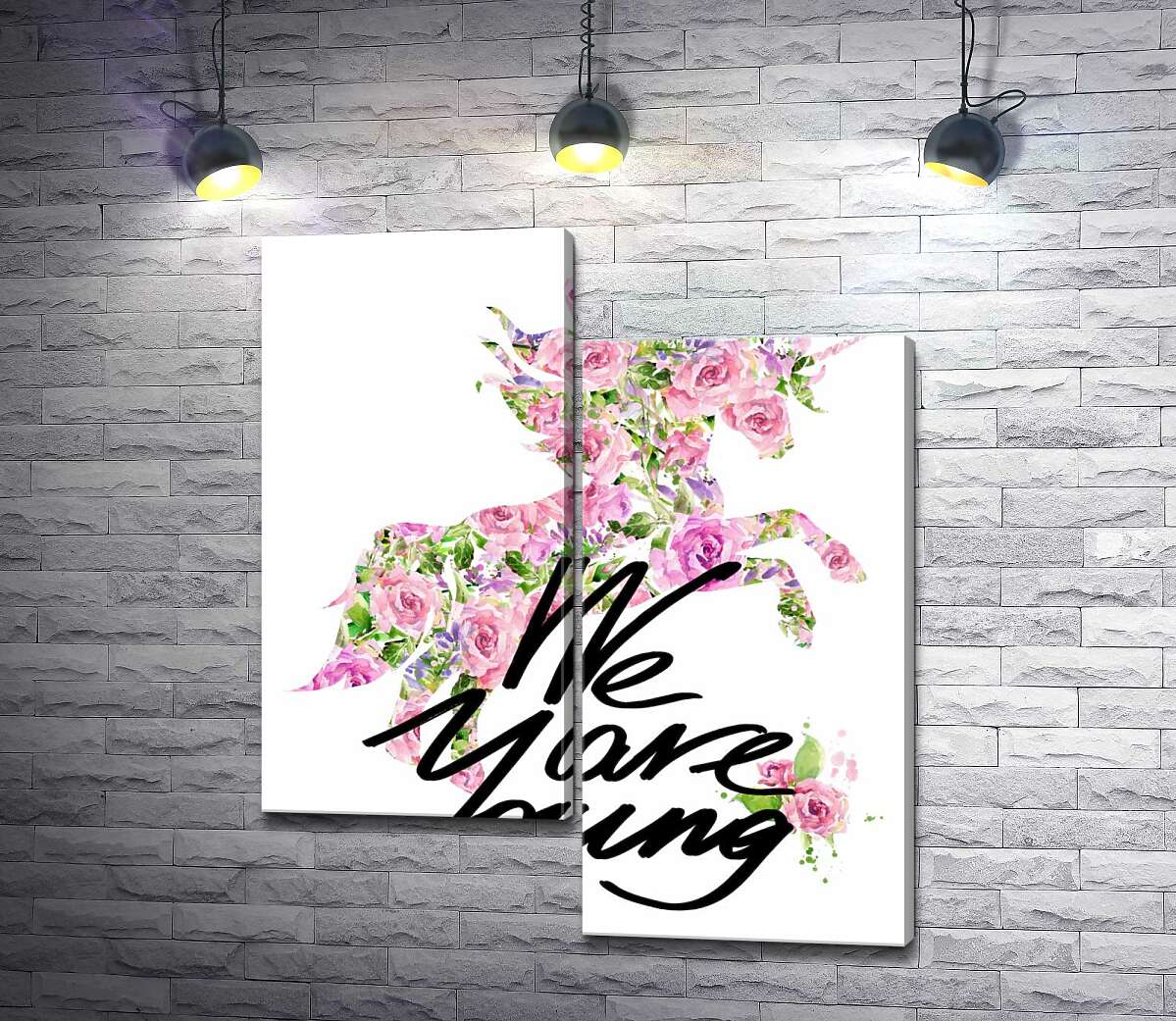 модульна картина Квітковий силует єдинорога за написом "we are young" (Модуль №9)