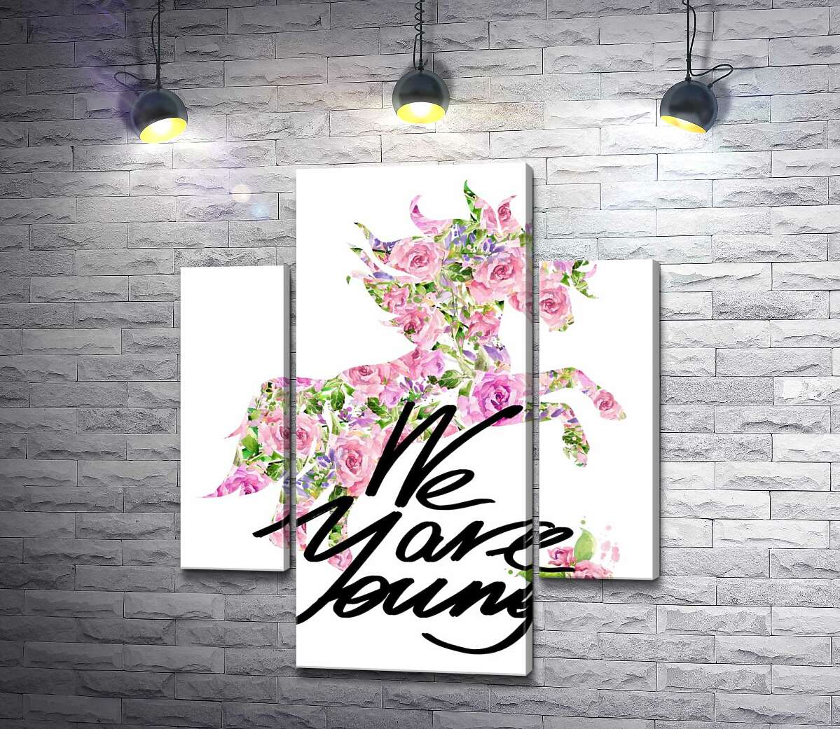 модульна картина Квітковий силует єдинорога за написом "we are young" (Модуль №5)