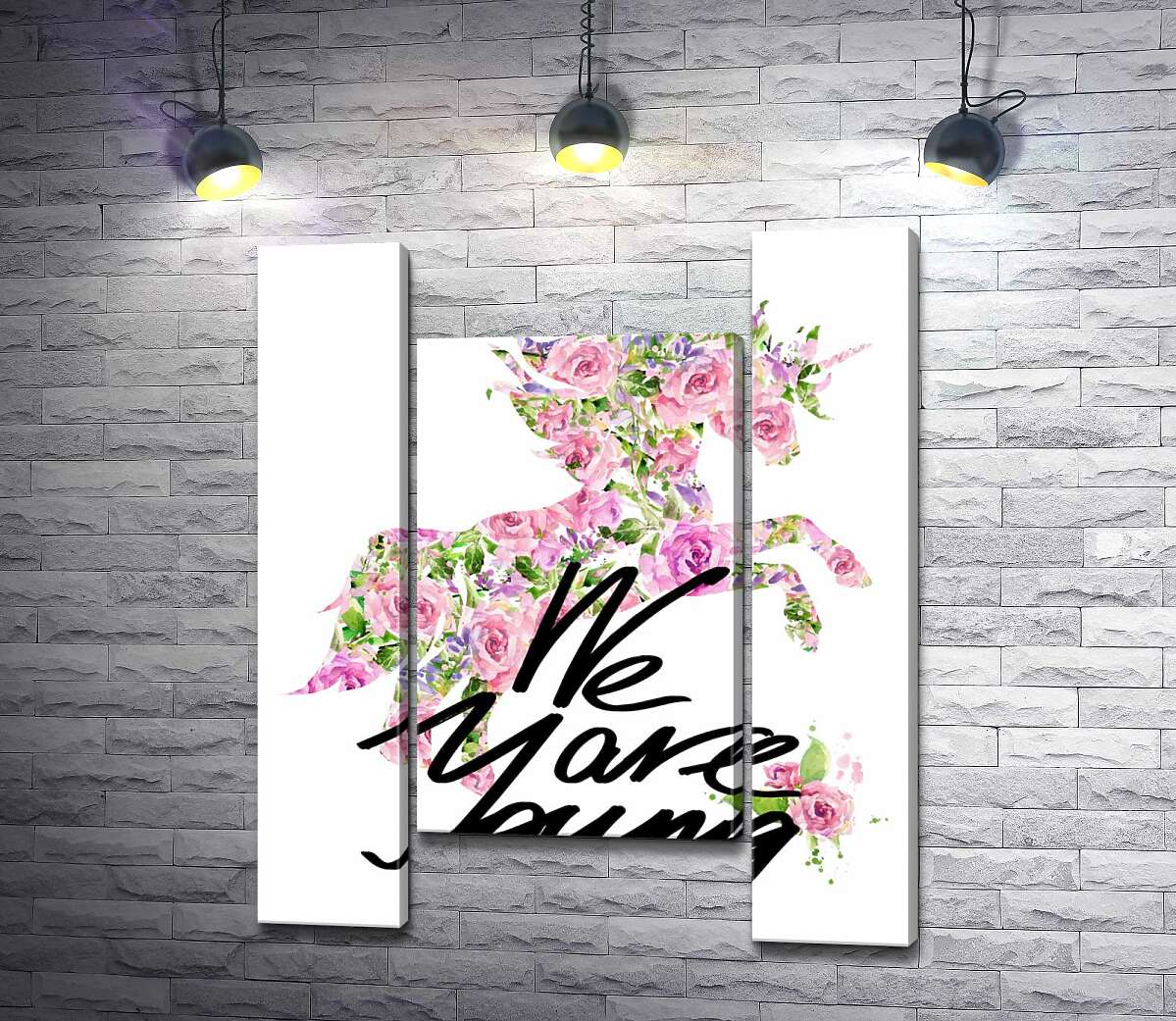модульная картина Цветочный силуэт единорога за надписью "we are young" (Модуль №11)