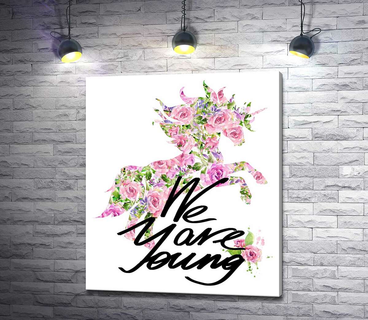 картина Цветочный силуэт единорога за надписью "we are young"