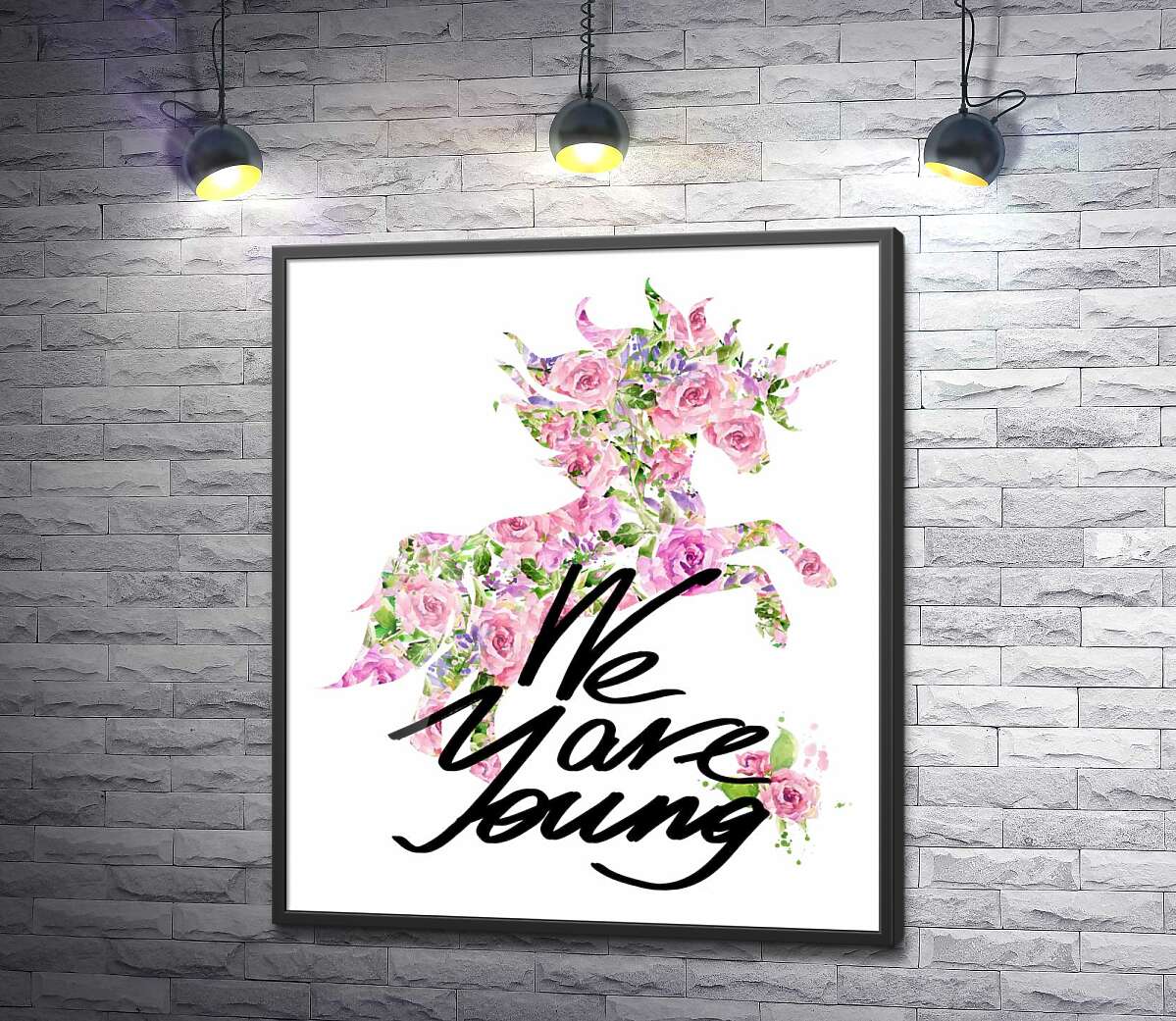 постер Цветочный силуэт единорога за надписью "we are young"