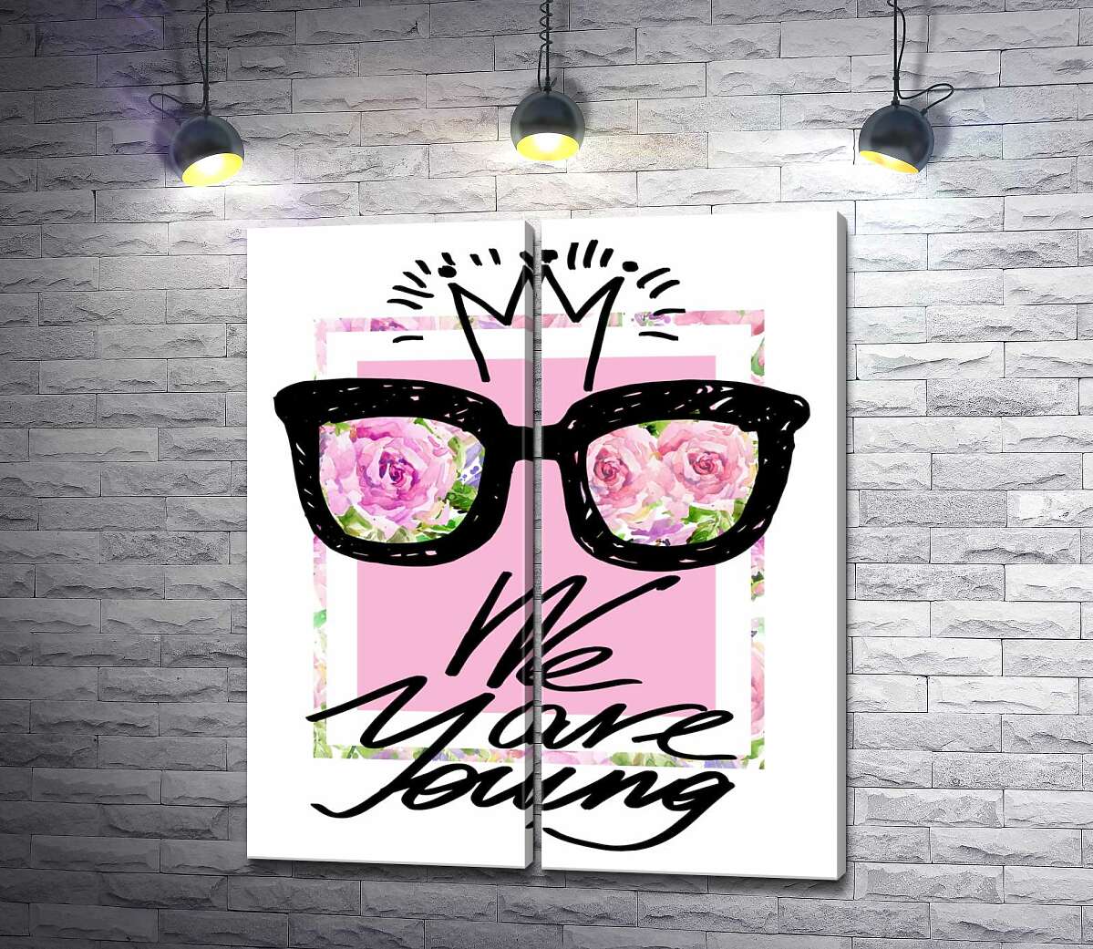 модульная картина Черные очки с короной над надписью "we are young"