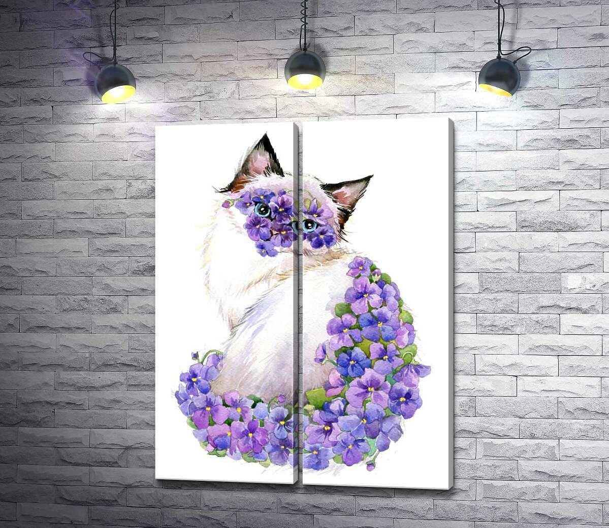 модульна картина Сіамська кішка уквітчана килимом фіалок