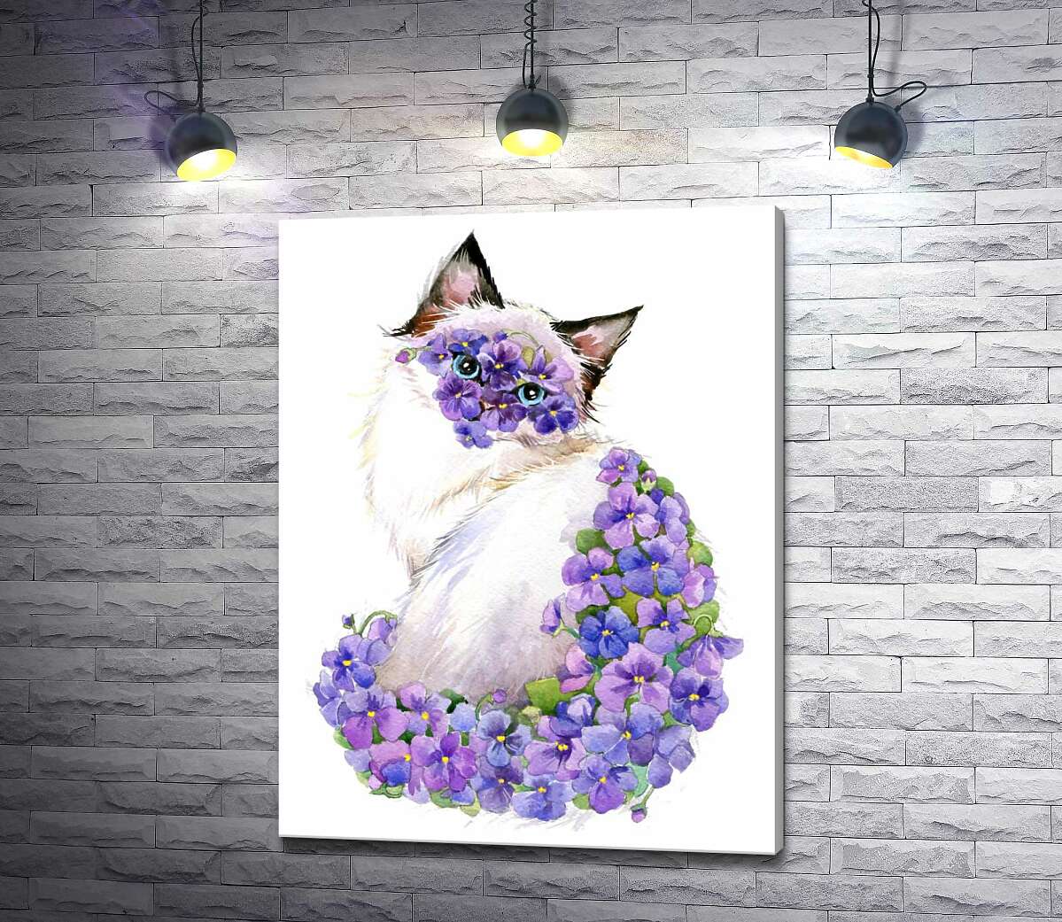 картина Сіамська кішка уквітчана килимом фіалок