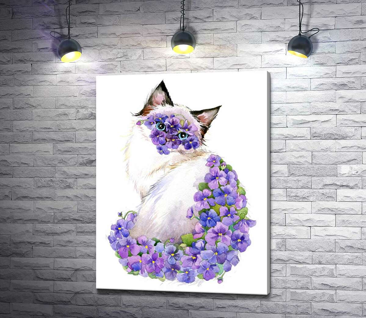 картина Сиамская кошка украшена ковром фиалок