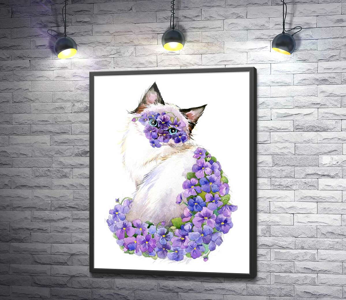 постер Сіамська кішка уквітчана килимом фіалок