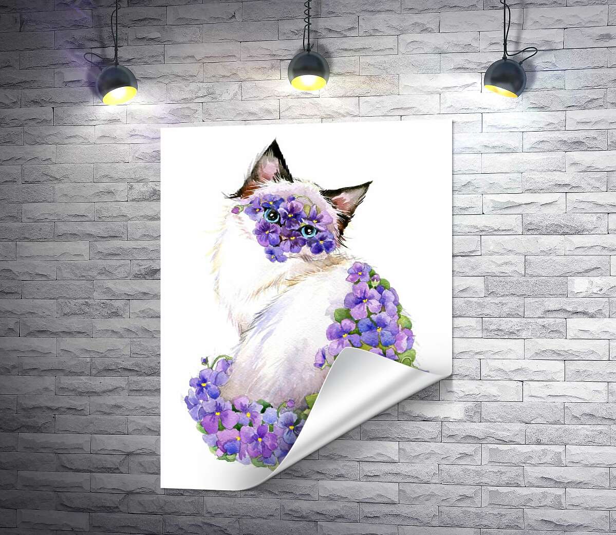 друк Сіамська кішка уквітчана килимом фіалок