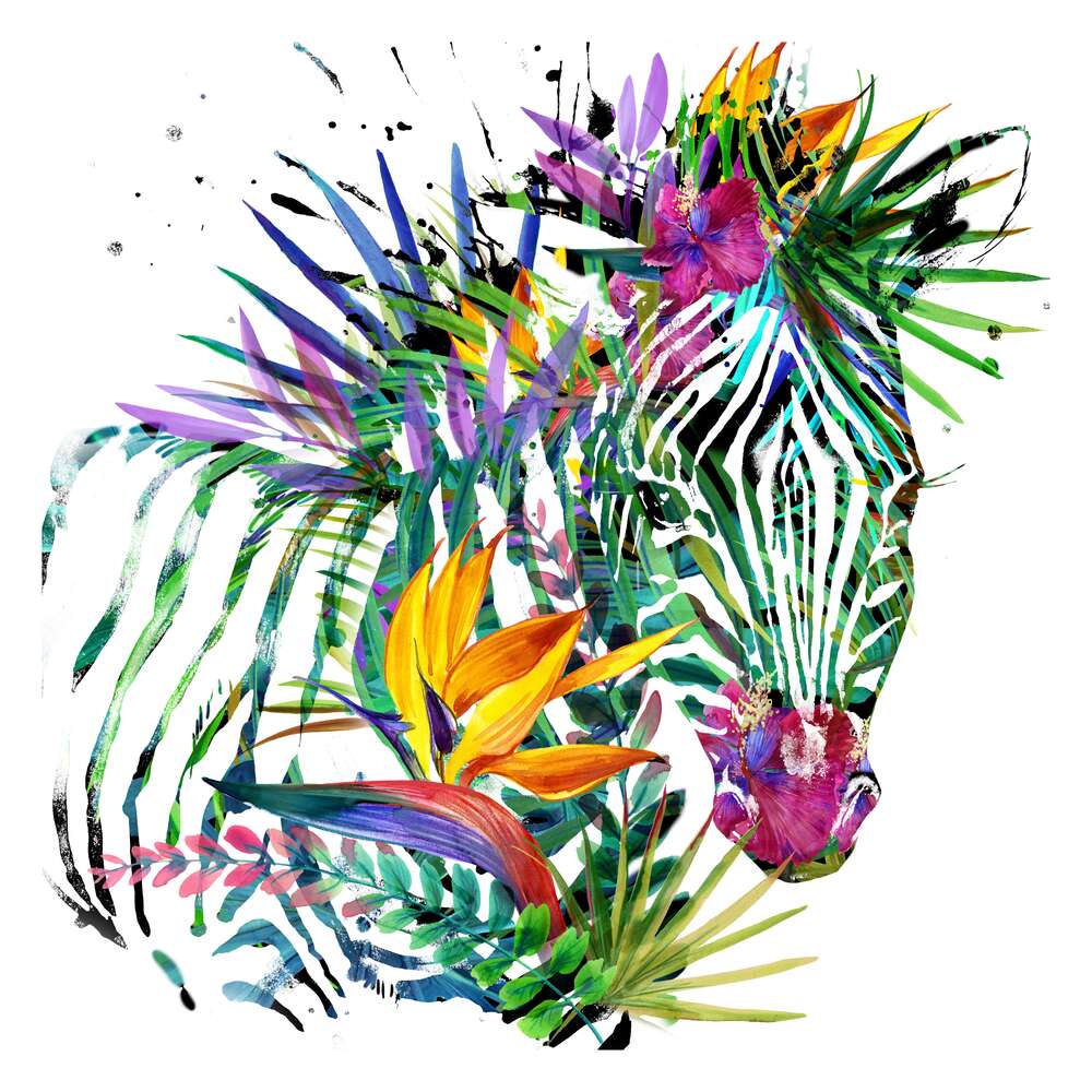 картина-постер Зеленый силуэт зебры с тропическими цветами