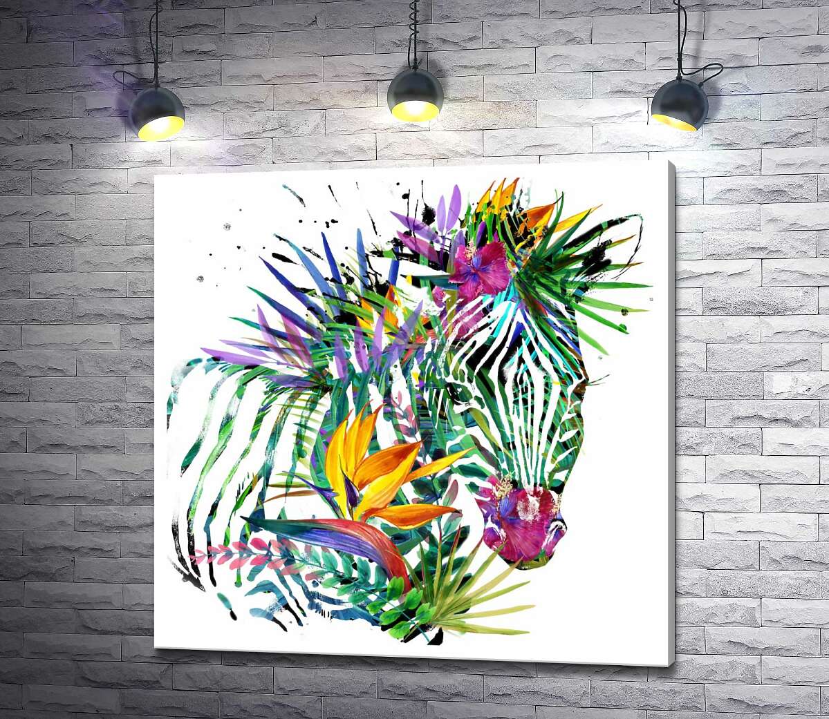 картина Зелений силует зебри з тропічних квітів