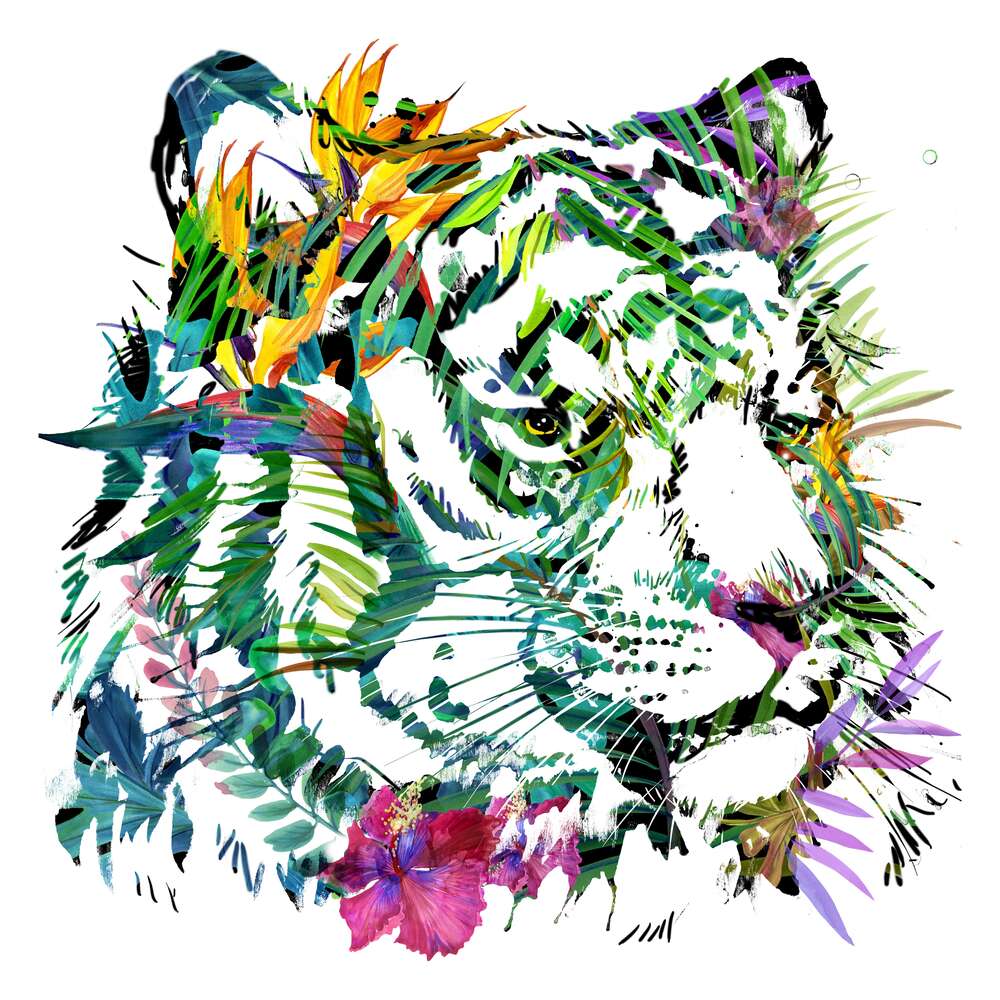 картина-постер Зеленый силуэт тигра из тропических цветов