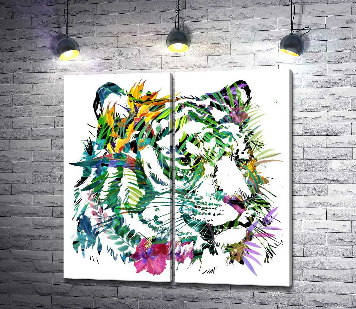 модульная картина Зеленый силуэт тигра из тропических цветов