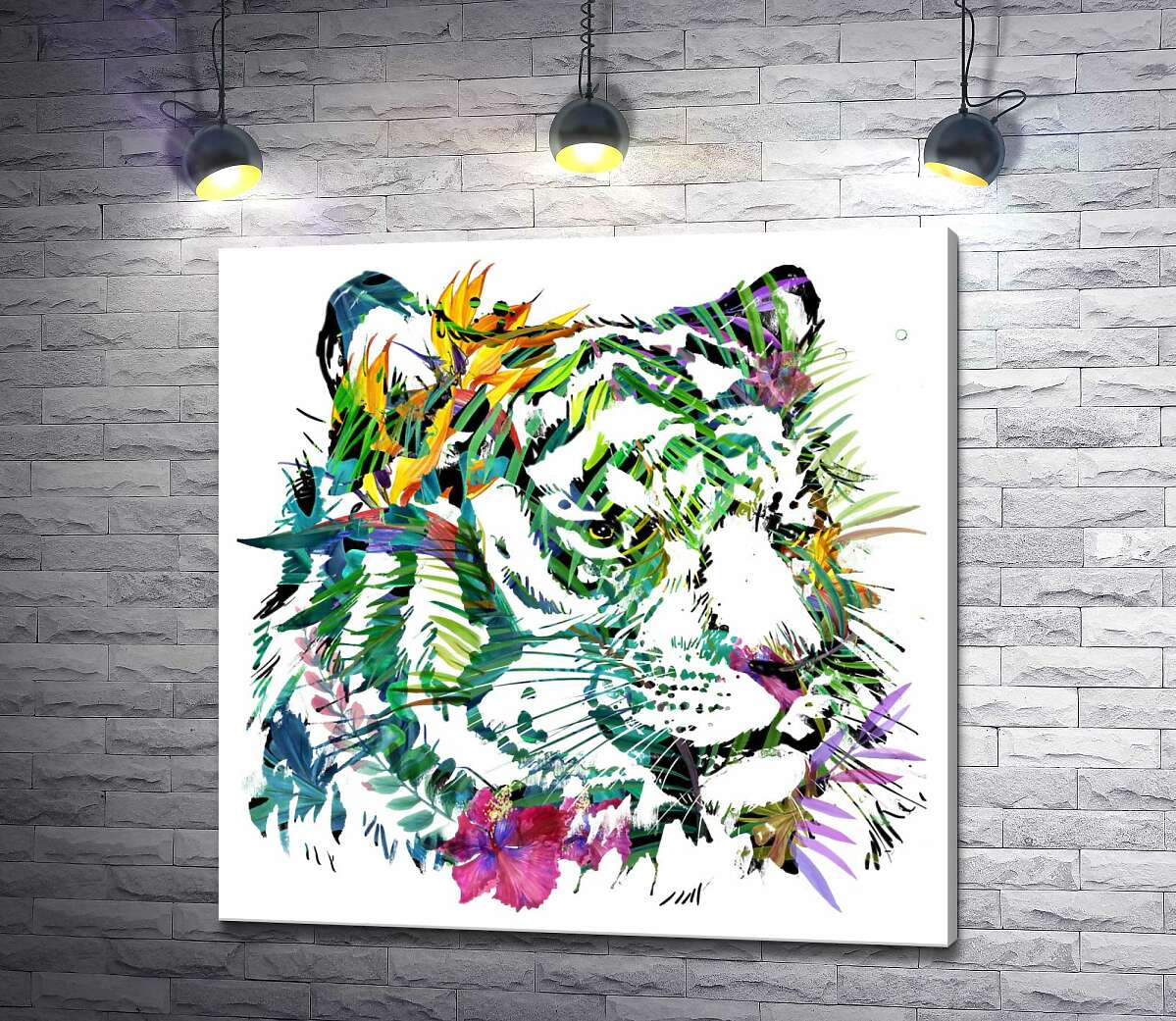 картина Зелений силует тигра з тропічних квітів