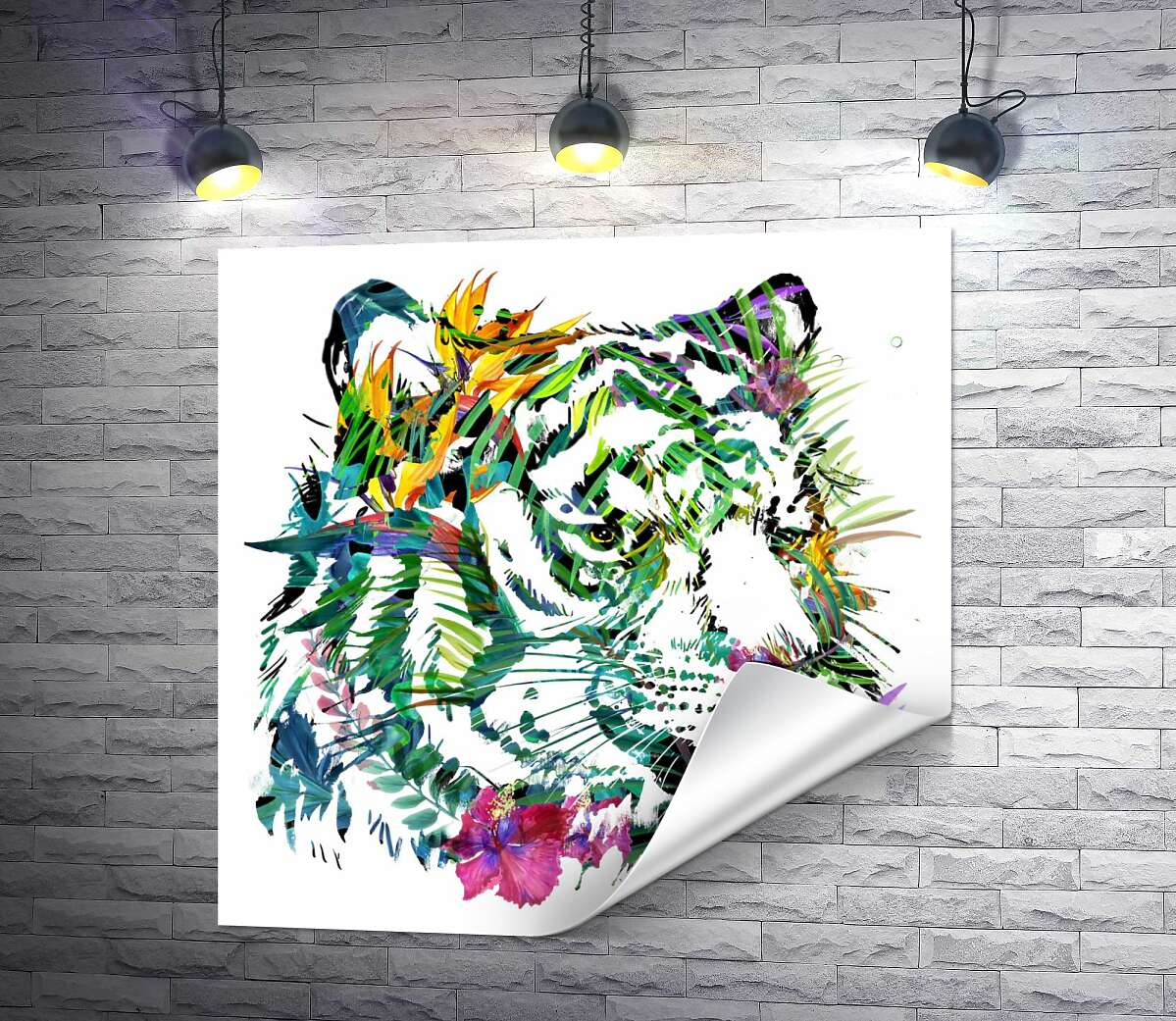 печать Зеленый силуэт тигра из тропических цветов