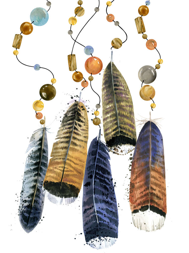 картина-постер Перья-обереги свисают на нитях с бусинами