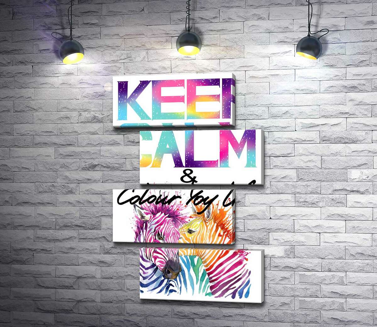 модульна картина Яскраві зебри під написом "keep calm and colour your life" (Модуль №23)
