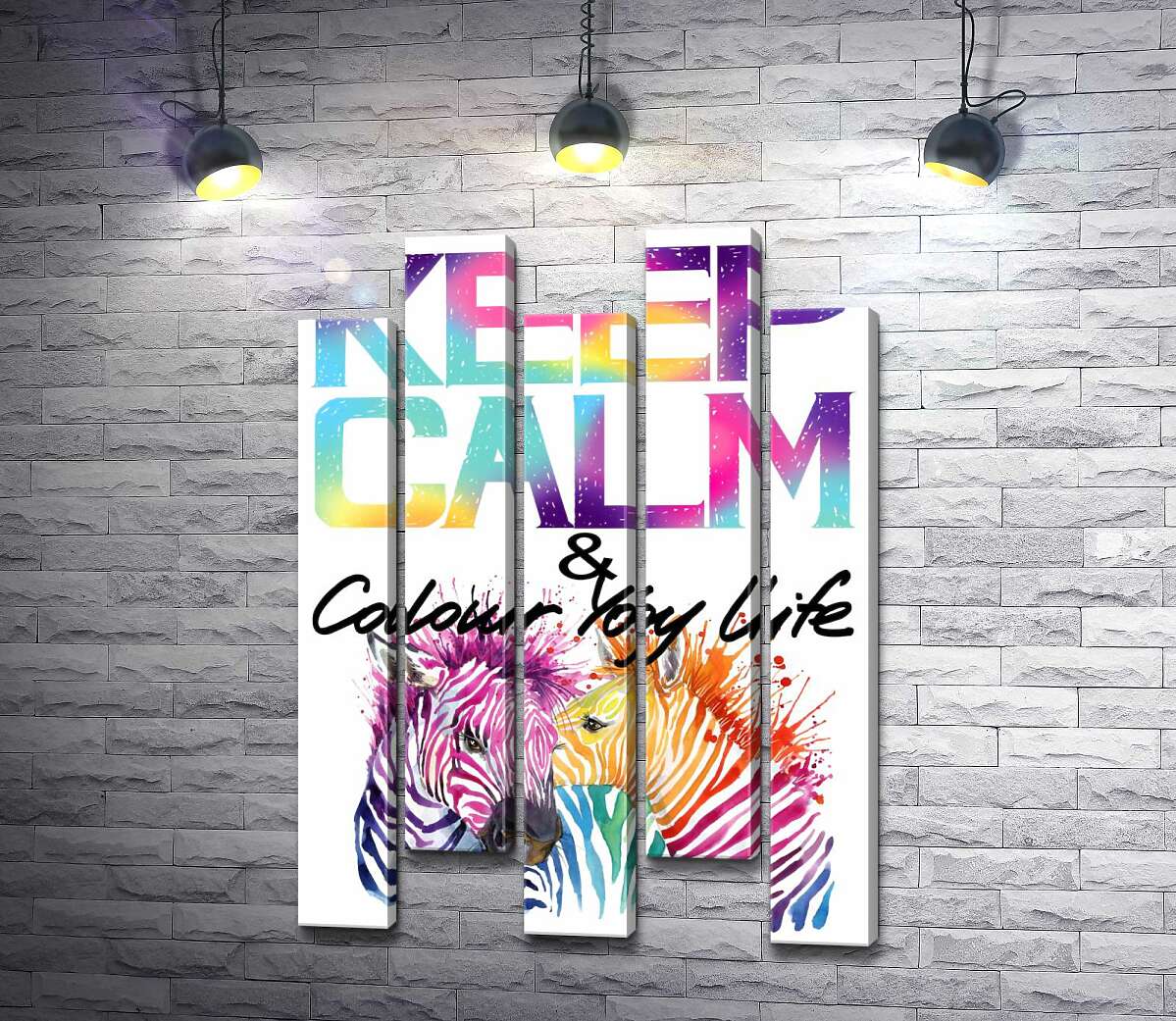 модульна картина Яскраві зебри під написом "keep calm and colour your life" (Модуль №30)