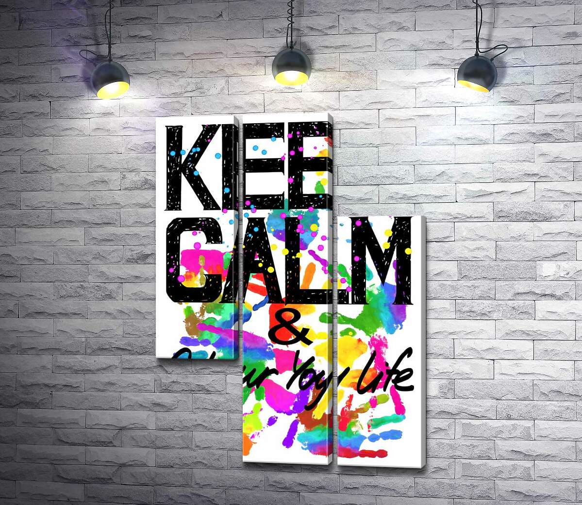 модульна картина Напис "keep calm and colour your life" на фоні відбитків рук (Модуль №13)