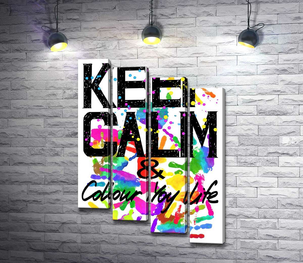 модульна картина Напис "keep calm and colour your life" на фоні відбитків рук (Модуль №19)