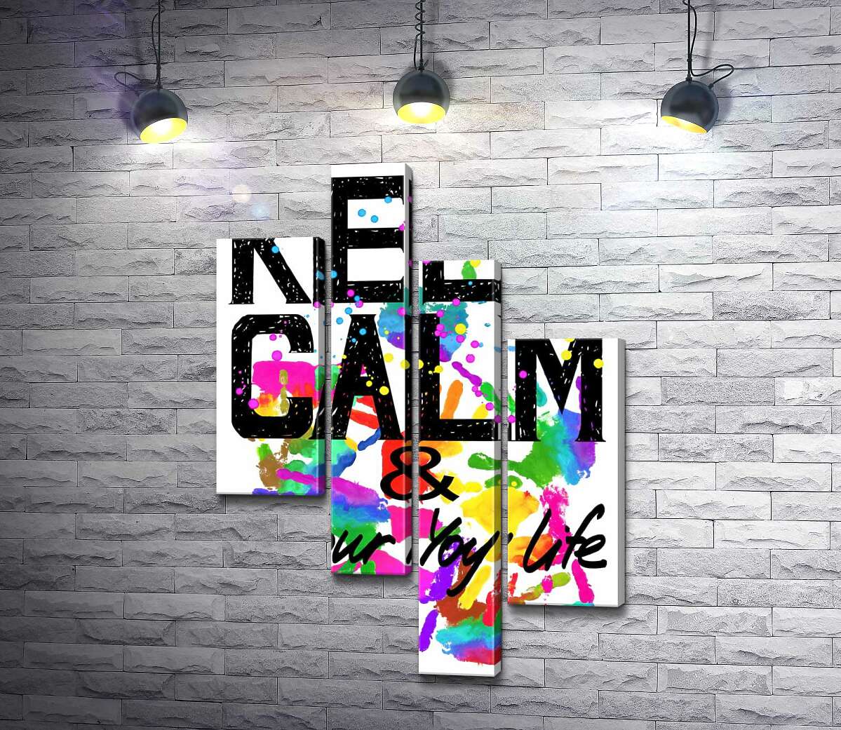 модульна картина Напис "keep calm and colour your life" на фоні відбитків рук (Модуль №21)