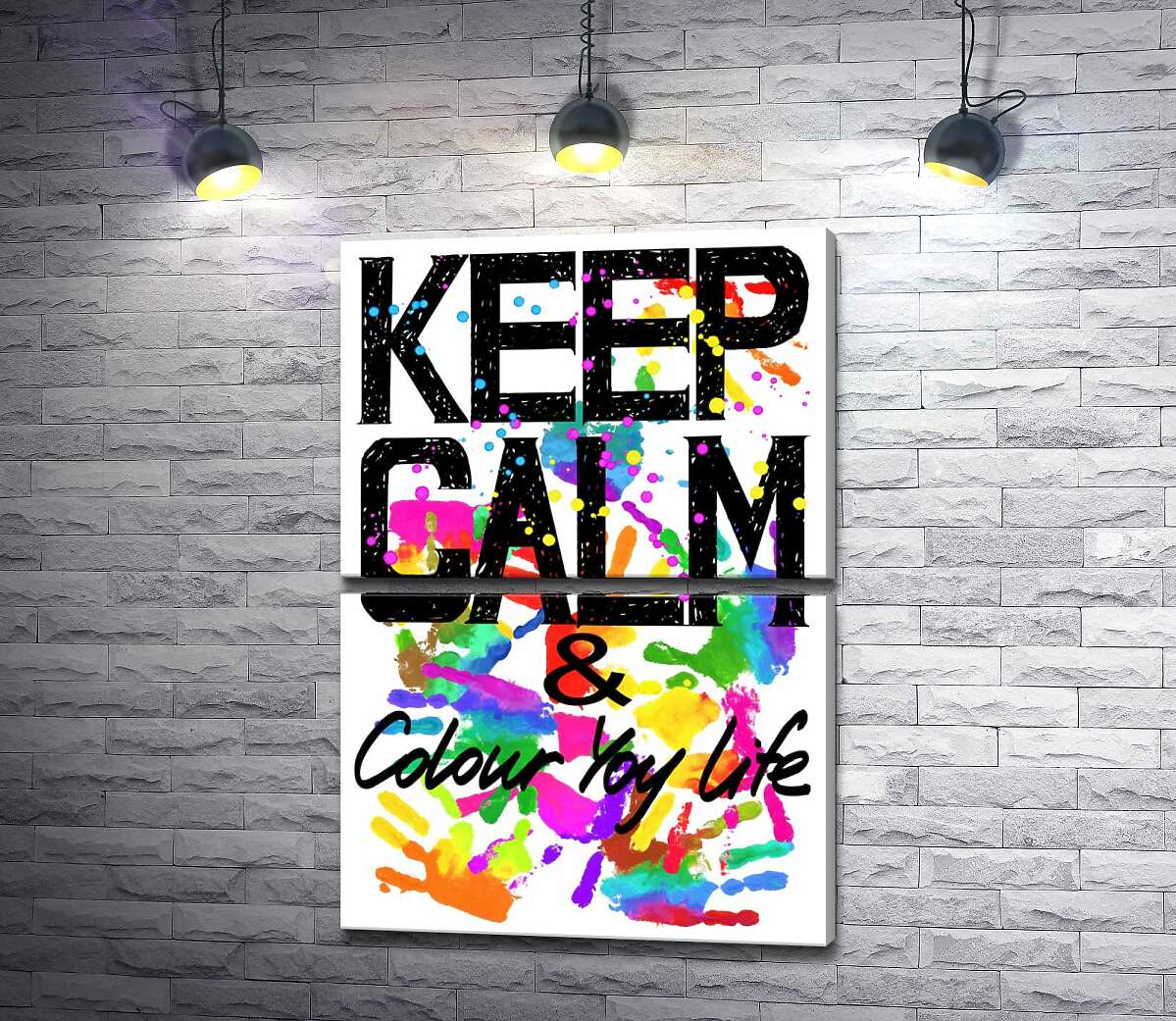 модульна картина Напис "keep calm and colour your life" на фоні відбитків рук (Модуль №7)
