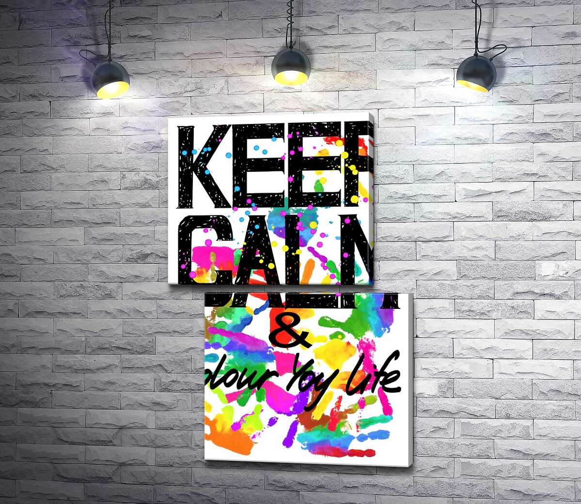 модульна картина Напис "keep calm and colour your life" на фоні відбитків рук (Модуль №8)