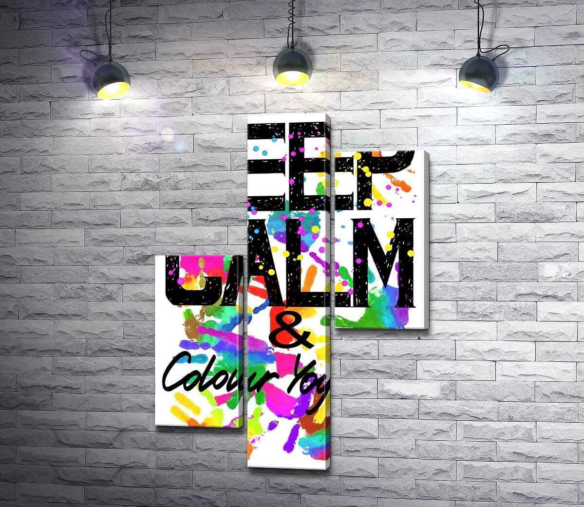 модульна картина Напис "keep calm and colour your life" на фоні відбитків рук (Модуль №12)