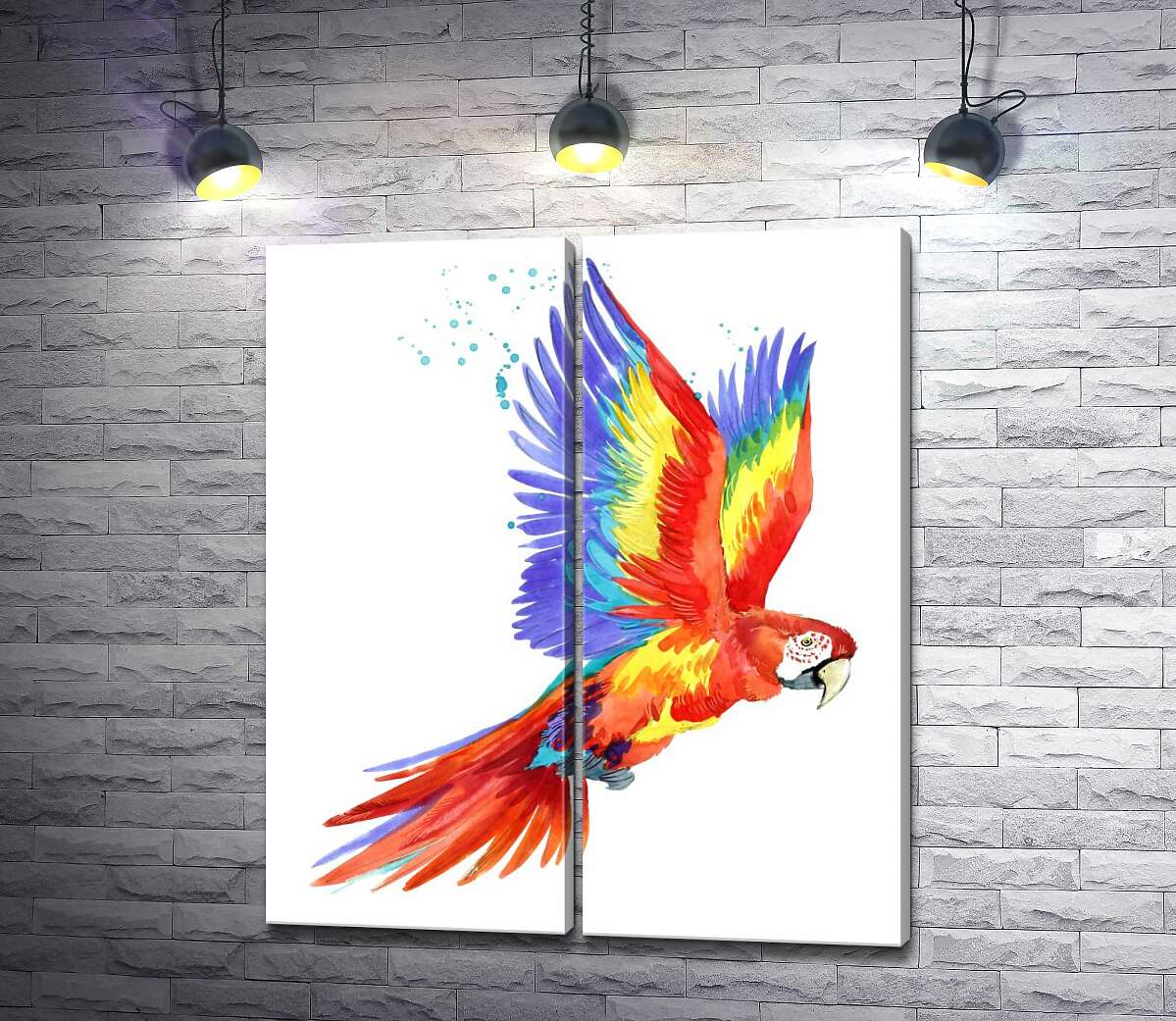 модульная картина Красный попугай ара поднял крылья в полете
