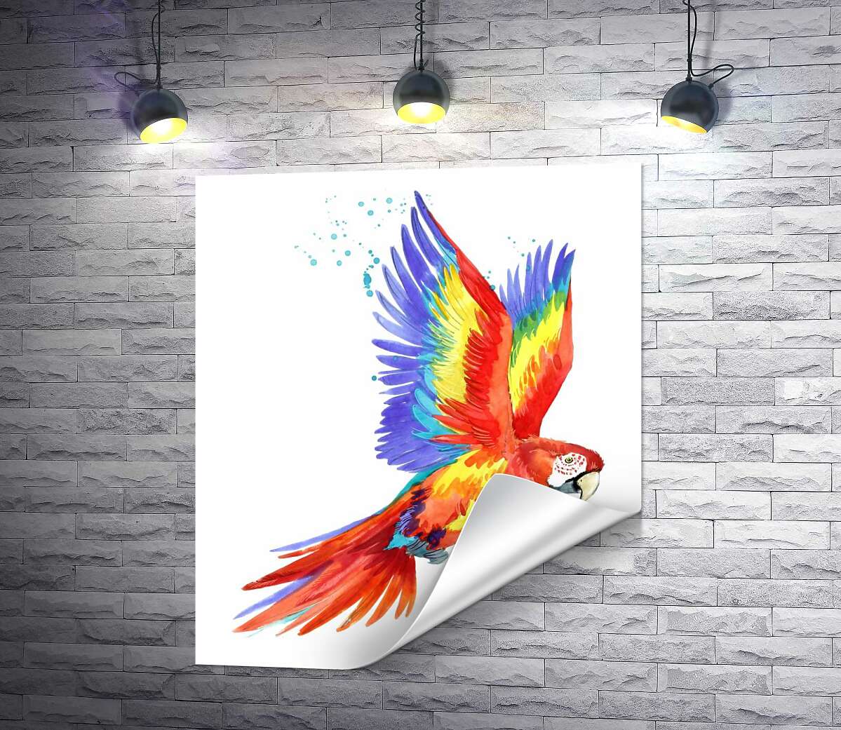 друк Червоний папуга ара підняв крила в польоті