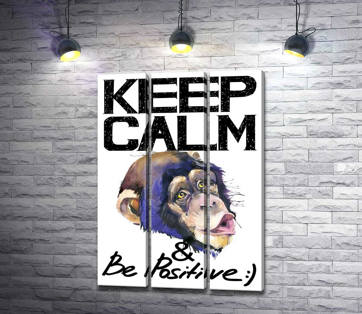 модульная картина Мордочка обезьяны среди надписи "keep calm and be positive" (Модуль №2)