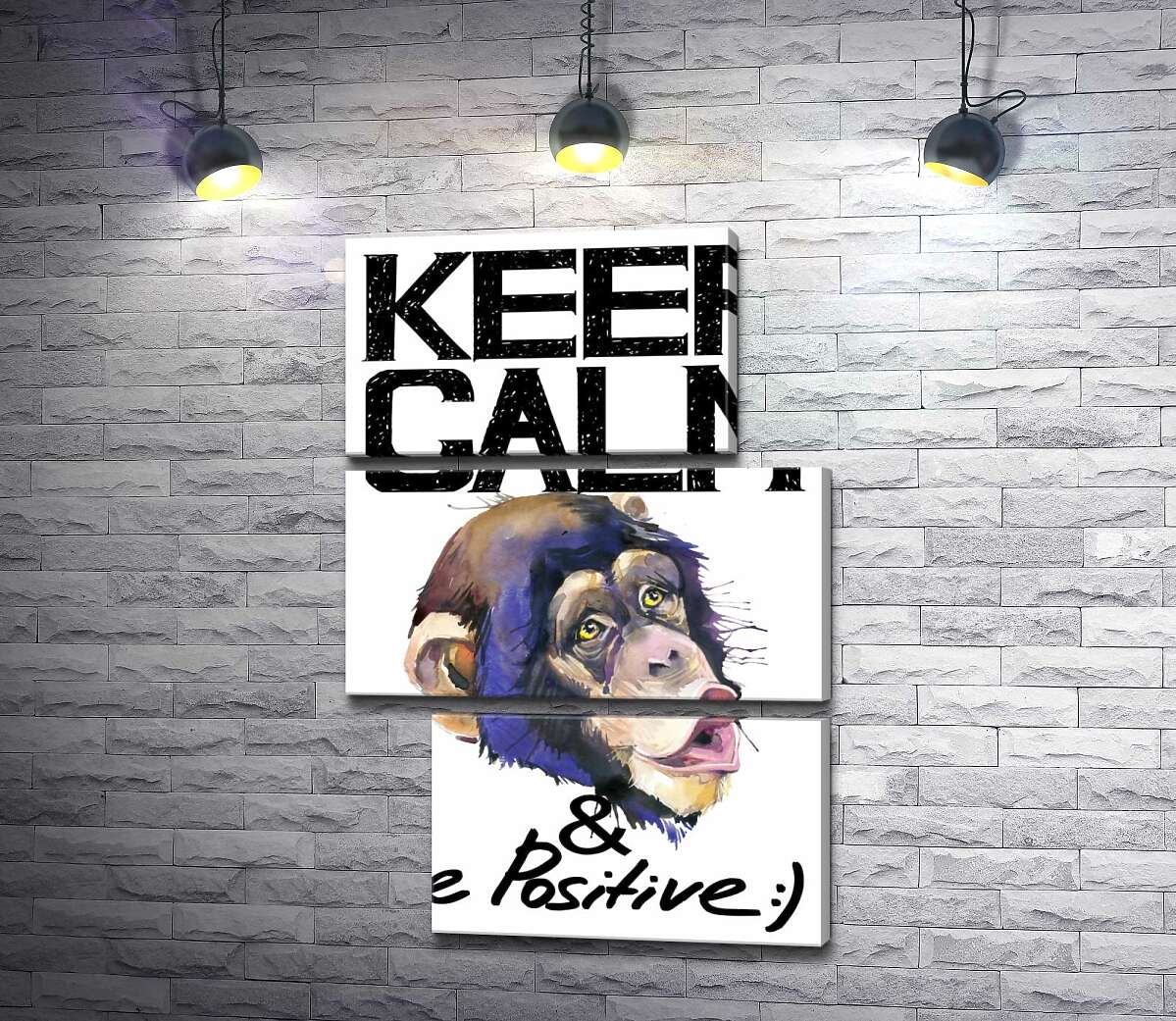модульная картина Мордочка обезьяны среди надписи "keep calm and be positive" (Модуль №16)