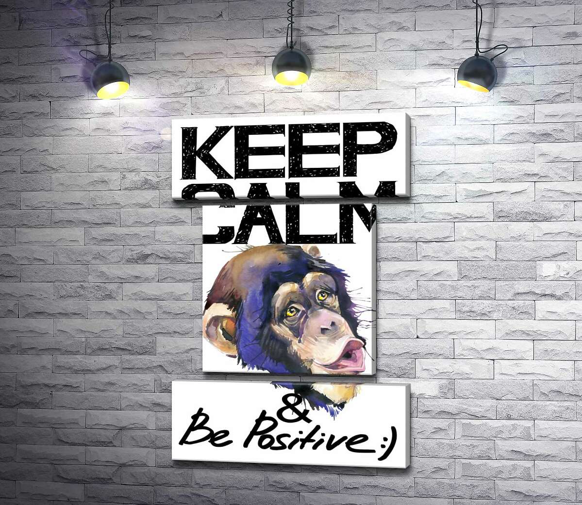 модульная картина Мордочка обезьяны среди надписи "keep calm and be positive" (Модуль №18)